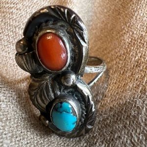 Tom willeto silver coral turquoise Native American ring size 4 1/4